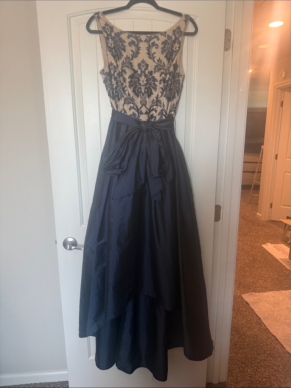 Adrianna Papell Navy and Champagne Embroidered A-Line Evening Gown